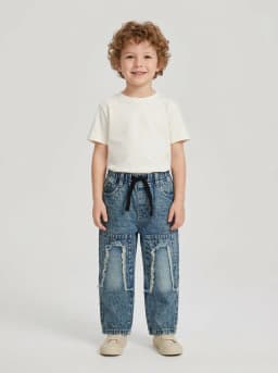 Boys Mid-Blue Washed Denim Jeans with Frayed Knee Patches