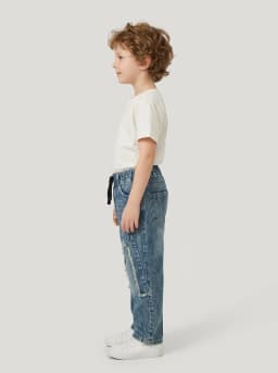 Boys Mid-Blue Washed Denim Jeans with Frayed Knee Patches