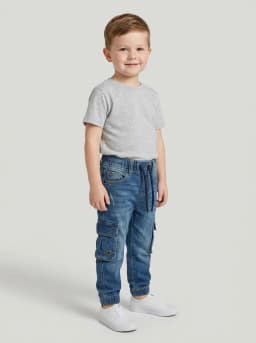 Boys Mid-Blue Washed Denim Cargo Jogger Jeans