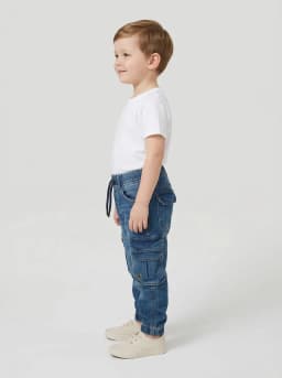 Boys Mid-Blue Washed Denim Cargo Jogger Jeans