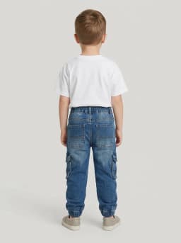 Boys Mid-Blue Washed Denim Cargo Jogger Jeans