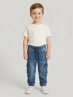 Boys Mid-Blue Washed Denim Cargo Jogger Jeans