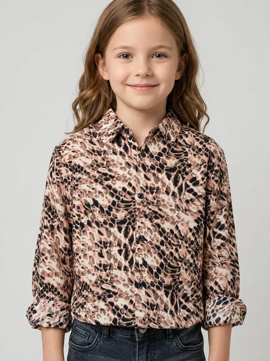 Girls Beige and Dusty Pink Leopard Print Casual Shirt