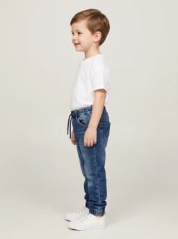 Boys Mid-Blue Washed Denim Jogger Jeans with Drawstring Waist
