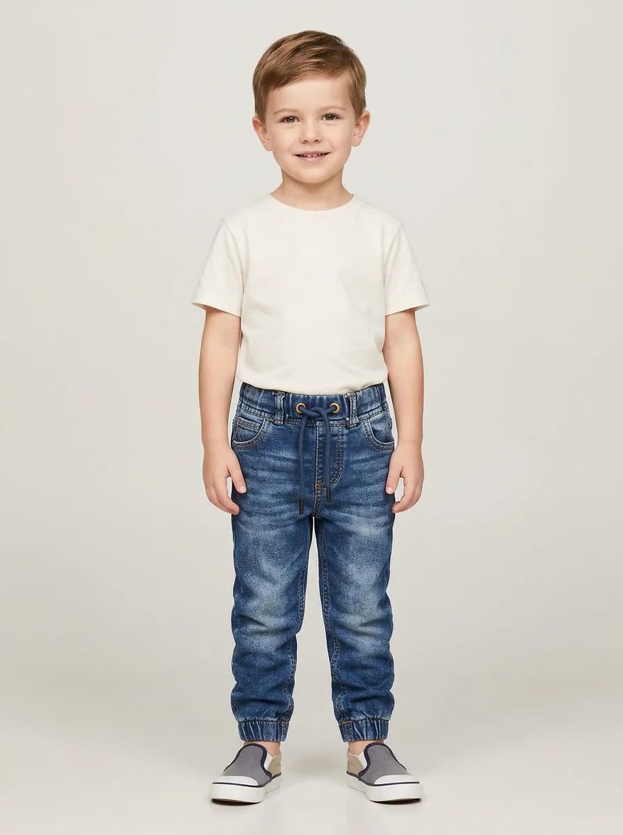 Boys Mid-Blue Washed Denim Jogger Jeans with Drawstring Waist