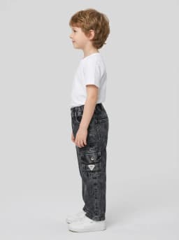 Kids Acid Wash Black Denim Cargo Jeans