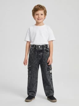 Kids Acid Wash Black Denim Cargo Jeans