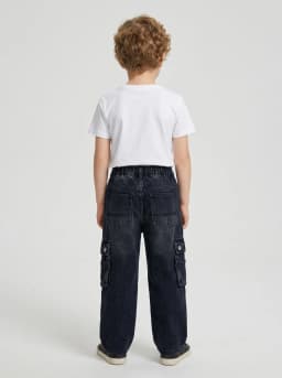 Kids Dark Blue Denim Distressed Multi-Pocket Cargo Jeans