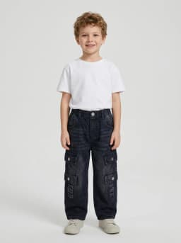 Kids Dark Blue Denim Distressed Multi-Pocket Cargo Jeans