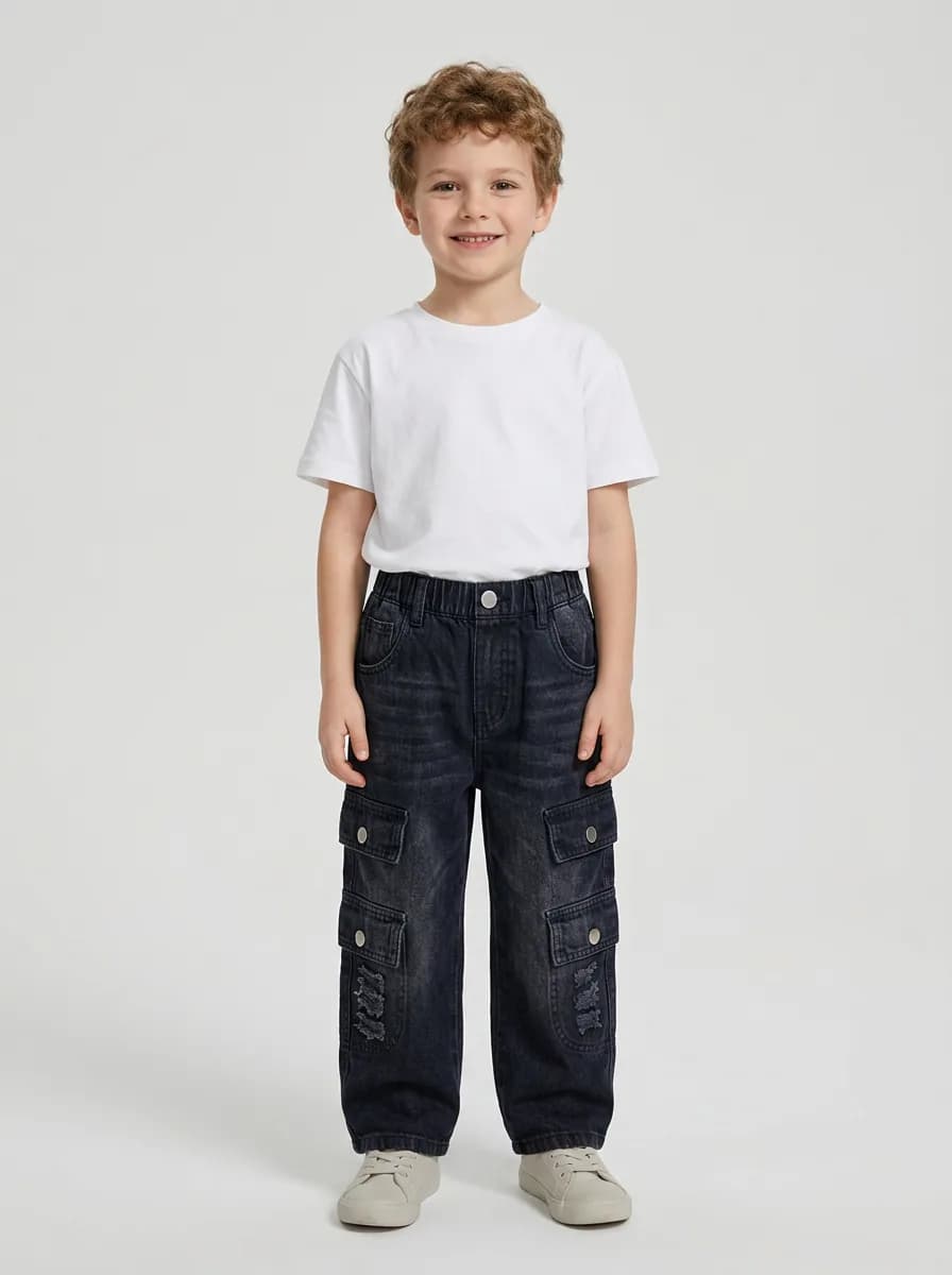 Kids Dark Blue Denim Distressed Multi-Pocket Cargo Jeans