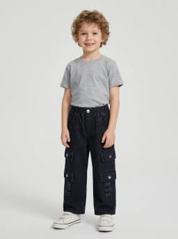 Kids Dark Blue Denim Distressed Multi-Pocket Cargo Jeans