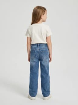 Girls Mid-Blue Washed Denim Jeans with Rhinestone Heart Patches
