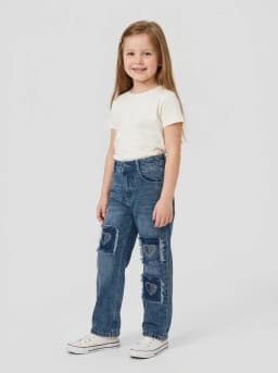 Girls Mid-Blue Washed Denim Jeans with Rhinestone Heart Patches