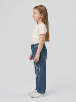 Girls Mid-Blue Washed Denim Jeans with Rhinestone Heart Patches