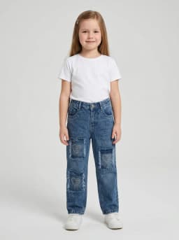 Girls Mid-Blue Washed Denim Jeans with Rhinestone Heart Patches