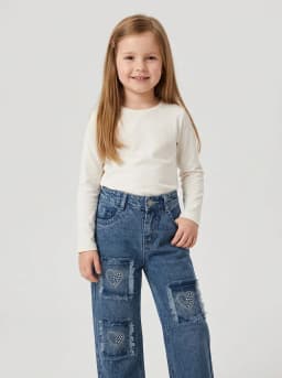 Girls Mid-Blue Washed Denim Jeans with Rhinestone Heart Patches