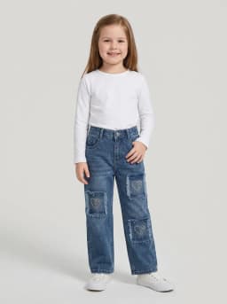 Girls Mid-Blue Washed Denim Jeans with Rhinestone Heart Patches