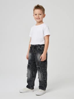 Kids Drawstring Black Distressed Denim Jeans 