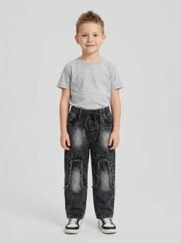 Kids Drawstring Black Distressed Denim Jeans 