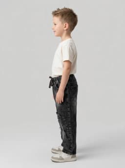 Kids Drawstring Black Distressed Denim Jeans 