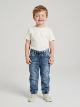 Boys Mid-Blue Stonewash Denim Joggers with Drawstring Waist
