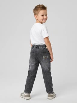Boys Light Grey Washed Denim Jogger Jeans with Graphic Prints