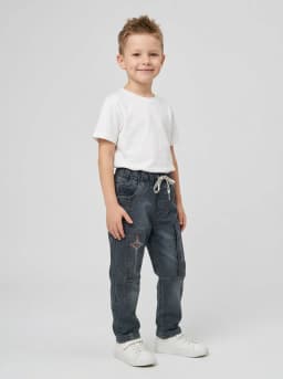 Boys Light Grey Washed Denim Jogger Jeans with Graphic Prints