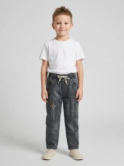 Boys Light Grey Washed Denim Jogger Jeans with Graphic Prints