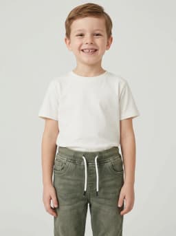 Boys Olive Green Washed Denim Jogger Jeans with Drawstring Waist