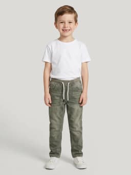 Boys Olive Green Washed Denim Jogger Jeans with Drawstring Waist