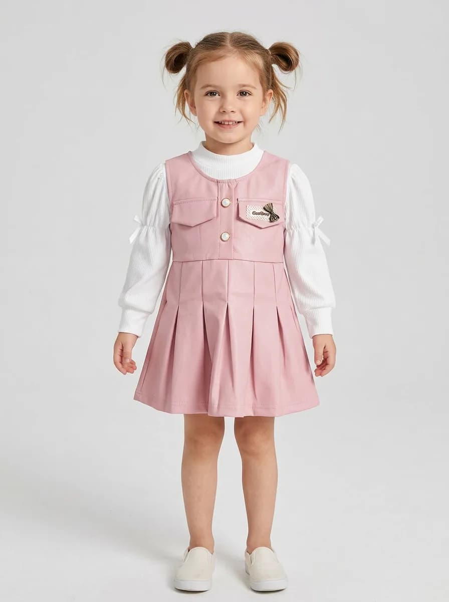 Girls Pink Faux Leather Pinafore Dress with Attached White Ribbed Top