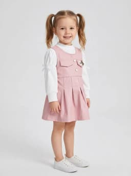 Girls Pink Faux Leather Pinafore Dress with Attached White Ribbed Top