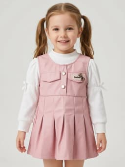 Girls Pink Faux Leather Pinafore Dress with Attached White Ribbed Top