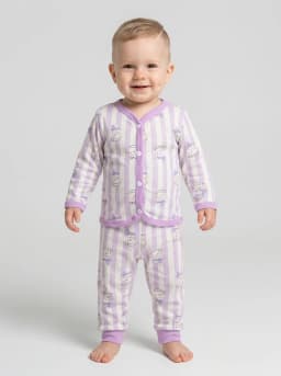 Baby Lilac and Off-White Striped Cat Print Top and Pyjama Set