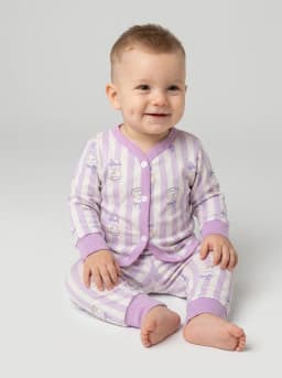 Baby Lilac and Off-White Striped Cat Print Top and Pyjama Set