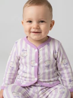 Baby Lilac and Off-White Striped Cat Print Top and Pyjama Set