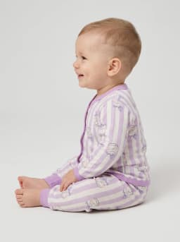 Baby Lilac and Off-White Striped Cat Print Top and Pyjama Set
