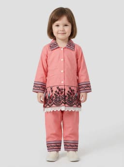 Girls Peach Pink Embroidered Shirt Kurta and Trousers Set