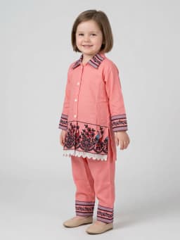 Girls Peach Pink Embroidered Shirt Kurta and Trousers Set