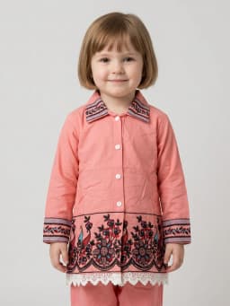 Girls Peach Pink Embroidered Shirt Kurta and Trousers Set