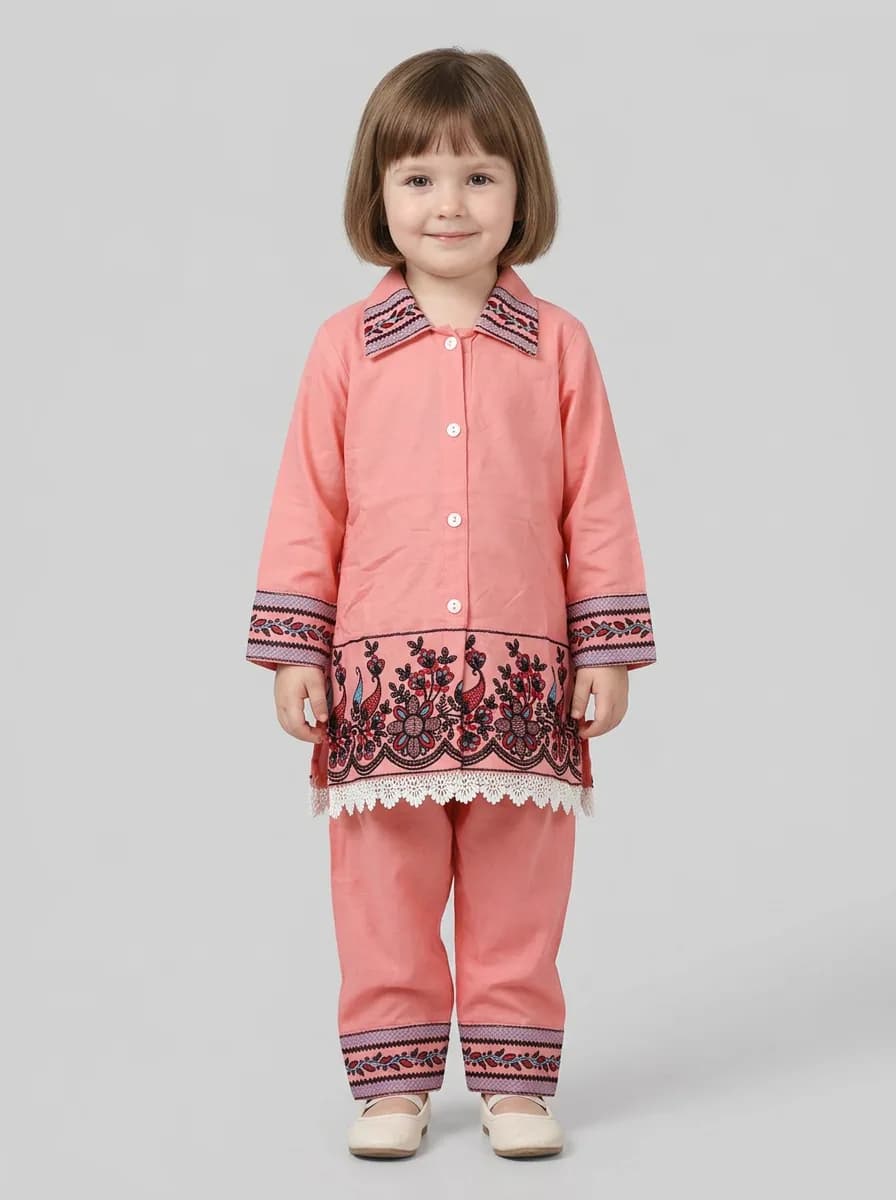 Girls Peach Pink Embroidered Shirt Kurta and Trousers Set