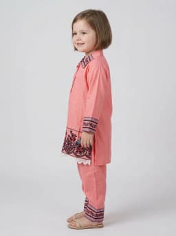 Girls Peach Pink Embroidered Shirt Kurta and Trousers Set