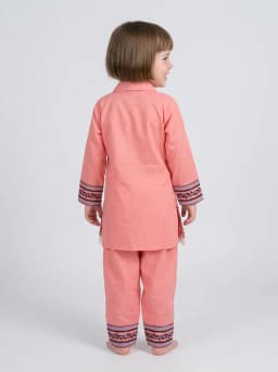 Girls Peach Pink Embroidered Shirt Kurta and Trousers Set