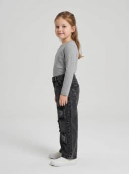 Girls Washed Black Denim Rhinestone Heart Wide-Leg Jeans