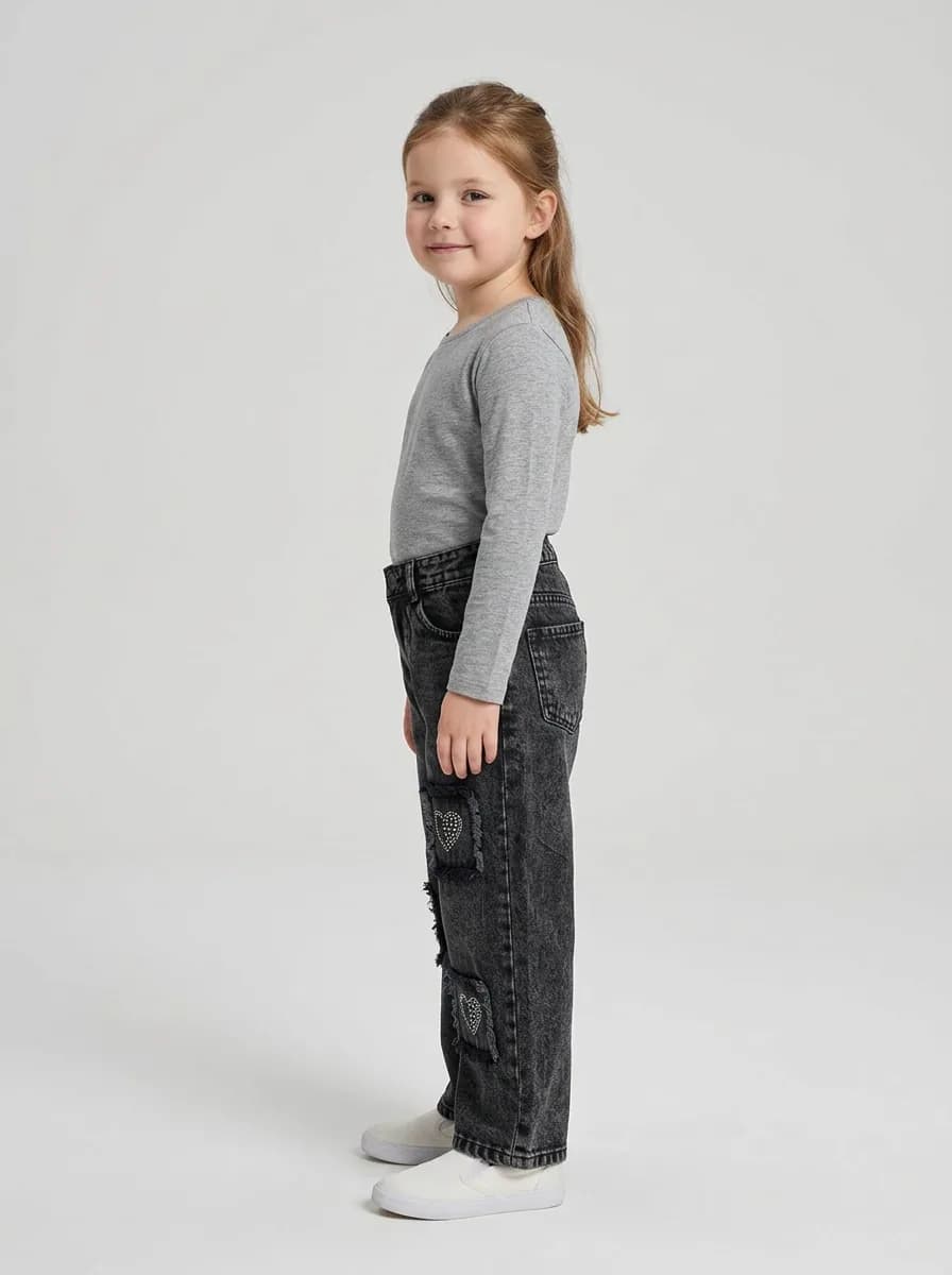 Girls Washed Black Denim Rhinestone Heart Wide-Leg Jeans