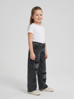 Girls Washed Black Denim Rhinestone Heart Wide-Leg Jeans