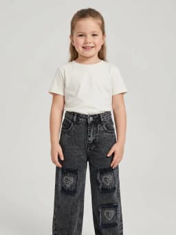 Girls Washed Black Denim Rhinestone Heart Wide-Leg Jeans