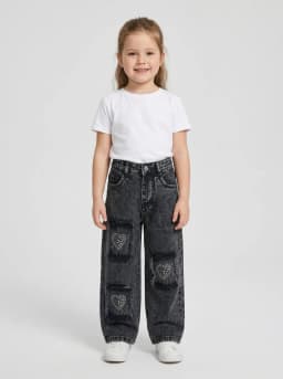 Girls Washed Black Denim Rhinestone Heart Wide-Leg Jeans