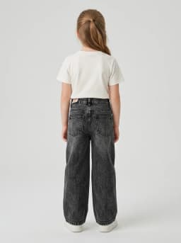 Girls Washed Black Denim Rhinestone Heart Wide-Leg Jeans