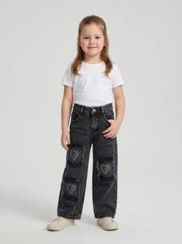 Girls Washed Black Denim Rhinestone Heart Wide-Leg Jeans